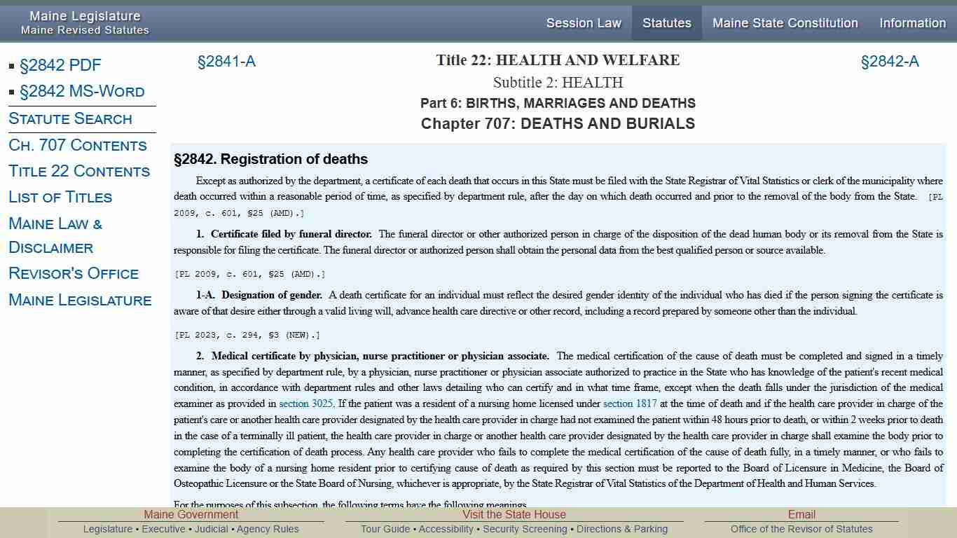 Title 22, §2842: Registration of deaths