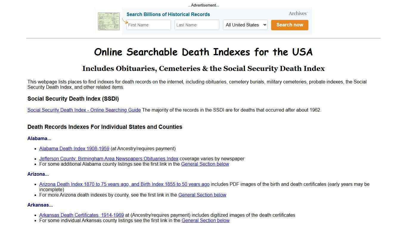 Death Records: Online Searchable Death Indexes and Databases